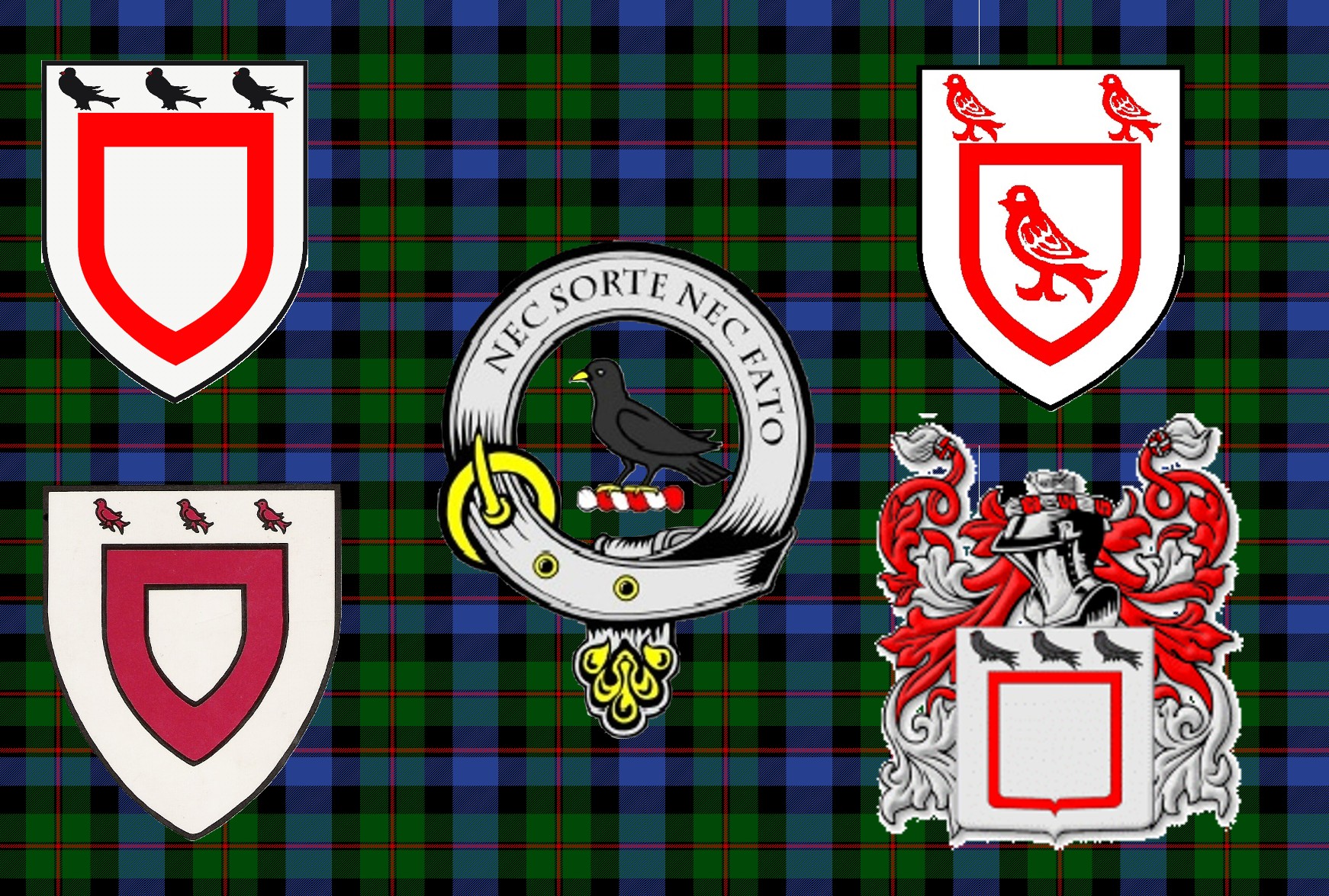 A collection of various Rutherford Badges, 
Crests and Arms on a purported Rutherford tartan background, not bad for a bunch of black hearted Reivers.

